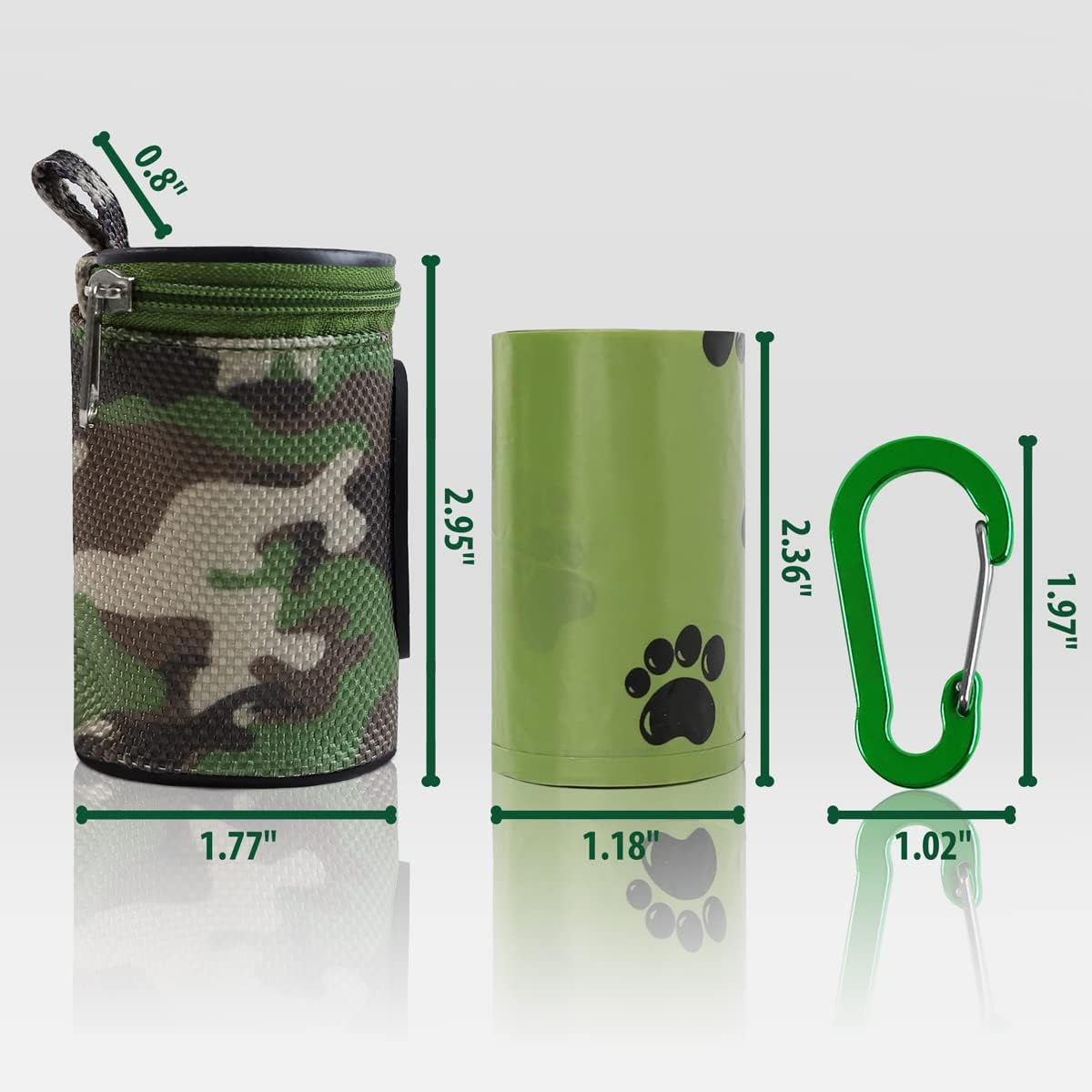 Dog Poop Bag Holder for Leash Doggie Waste Bag Dispenser Puppy Potty Carrier Small Doggy Zipper Pouch with Carabiner Clip 1680D Nylon Oxford with 1 Roll of Pet Trash Bags, Woodland Camo