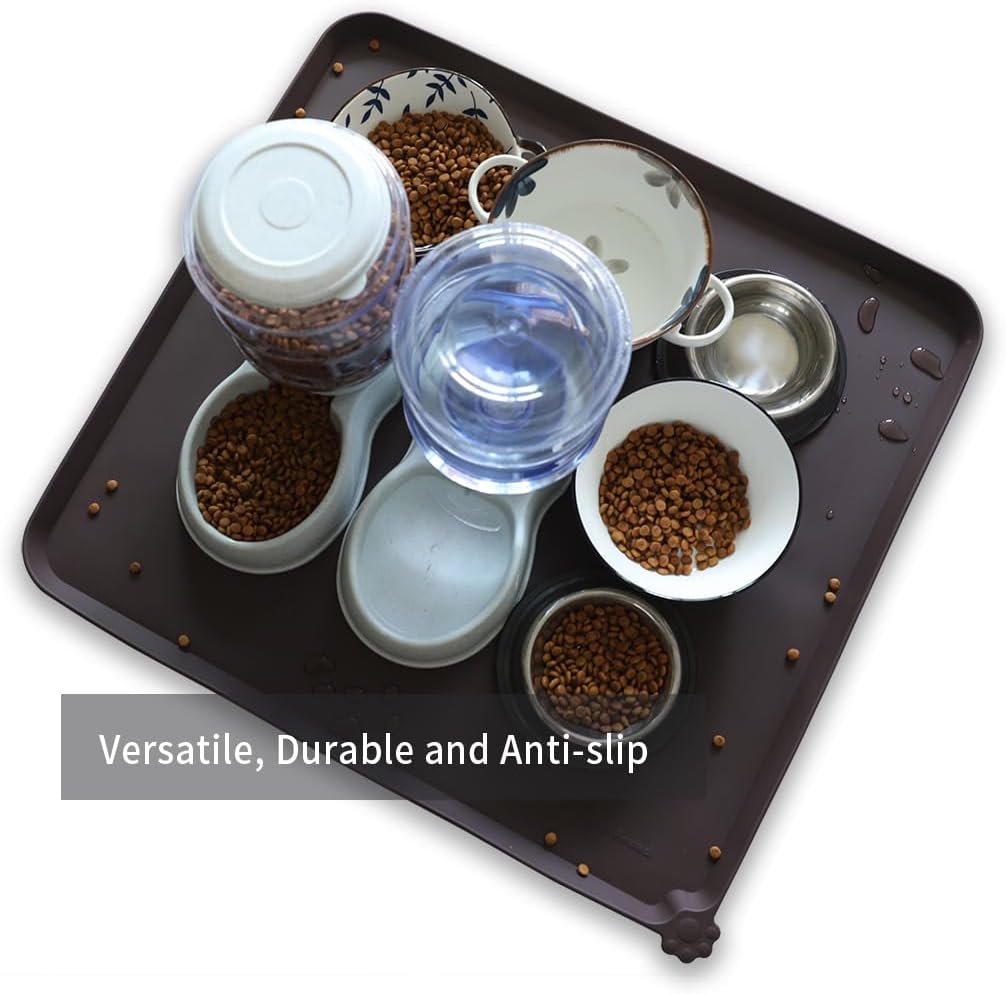 Hoki Found XX-Large Silicone Pet Food Mats - Non Slip Cat Dog Bowl Mats - Waterproof Dog Cat Food Tray - Dark Oak