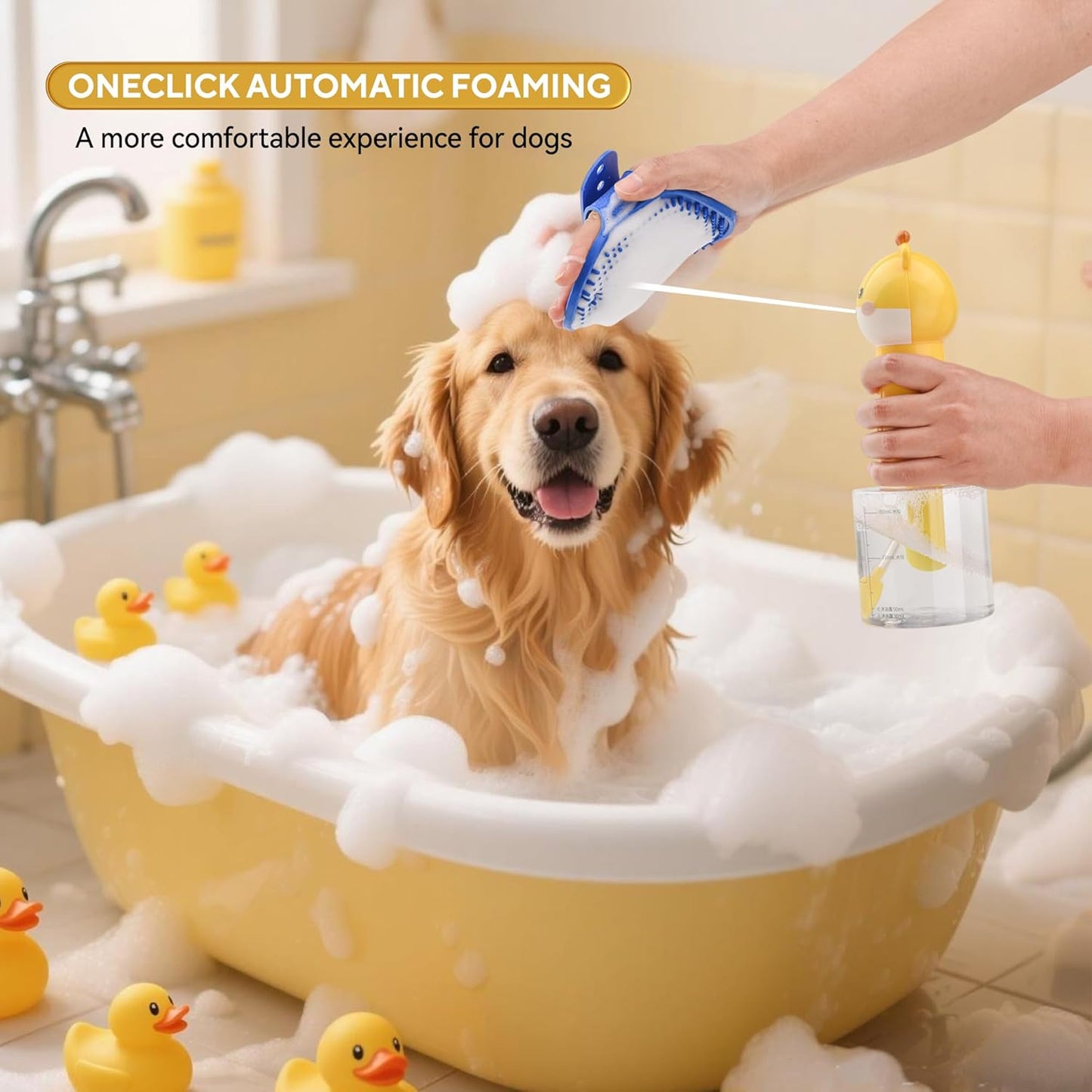 Automatic Dog Foam Wash System - Rechargeable Pet Shower with Bonus Bath Glove, 1-Touch Rich Foam, IPX7 Waterproof & Saves Shampoo for Dogs/Cats