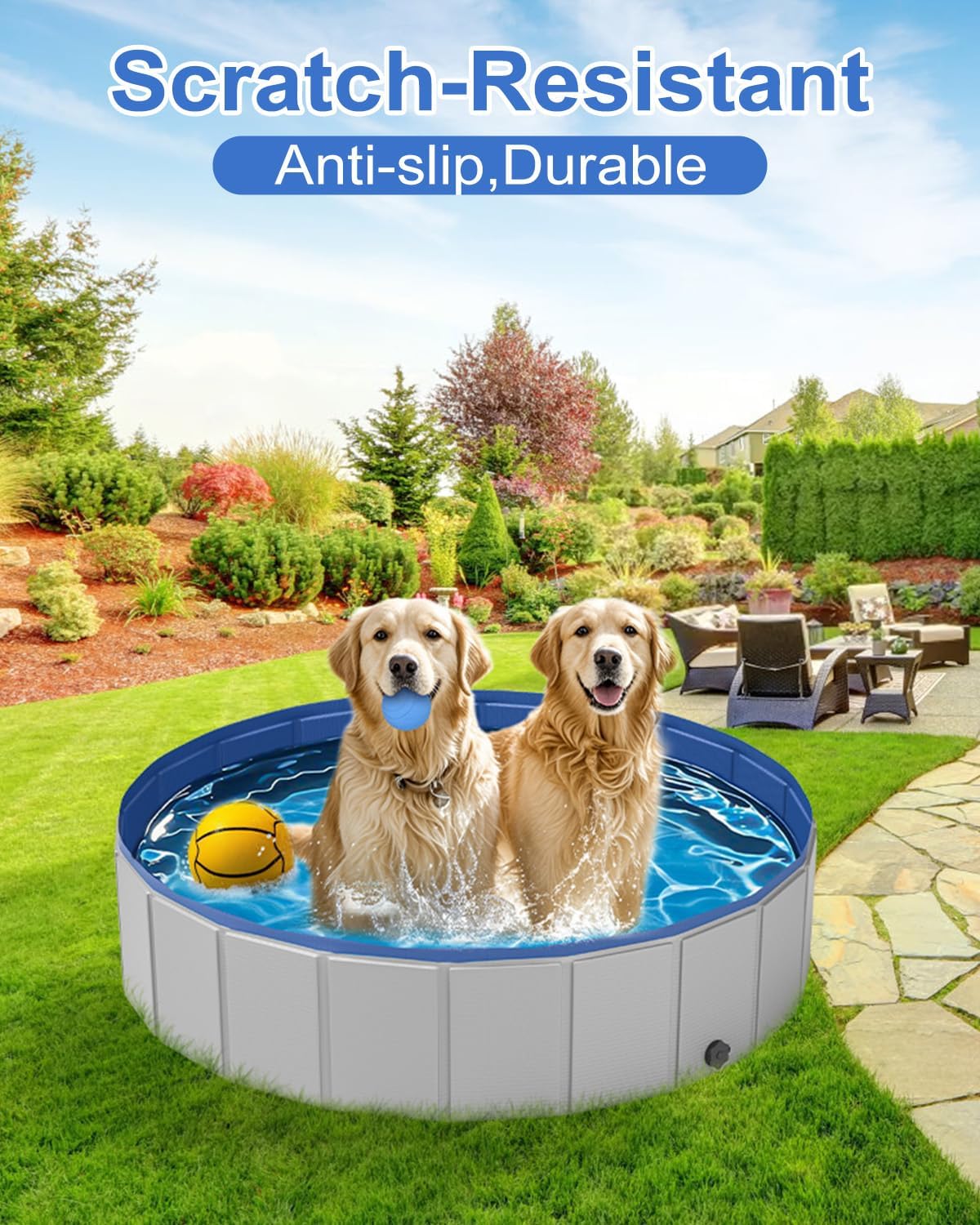 Dog Pool for Large Dogs, Foldable Plastic Pool for Dogs Slip-Resistant (XL - 63'' x 12'')