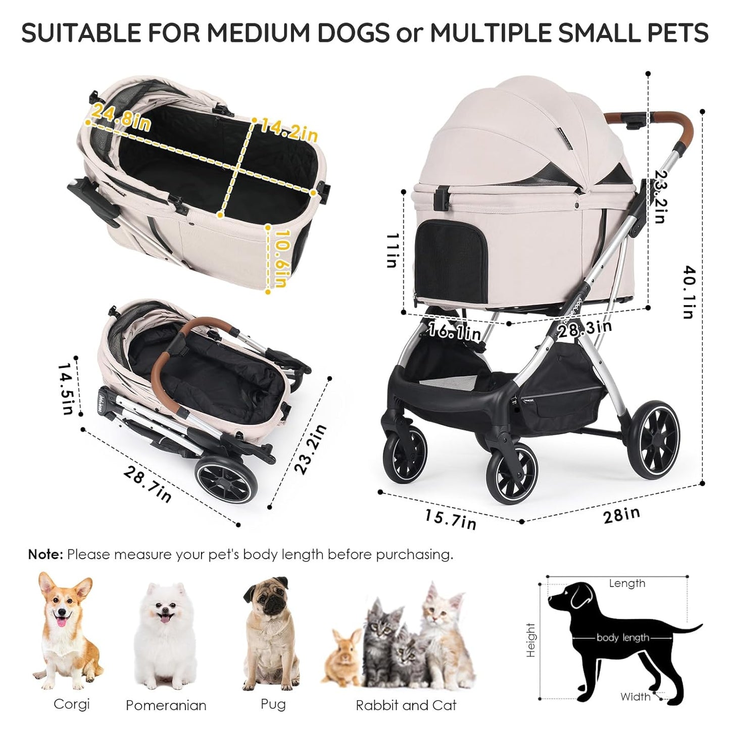 T5 Luxury Pet Stroller for Medium Dog Under 60lbs or 2 Small Dogs & Cats with 180 ̊Canopy, Sun Shades, Auto-Folding Stroller for Multiple Pets(Beige)