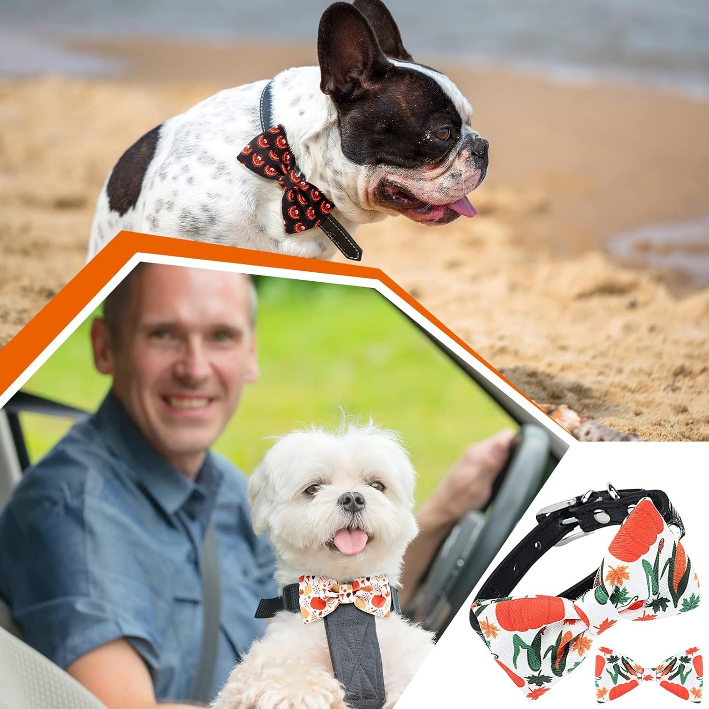 Weewooday 16 Pcs Dog Bow Ties Slide Pet Collar Bows Summer Hawaiian Styles Large Dog Collar Attachment Bowtie with Rubber Bands Male Pet for Spring Summer Grooming Independence Day(Pumpkin Style)