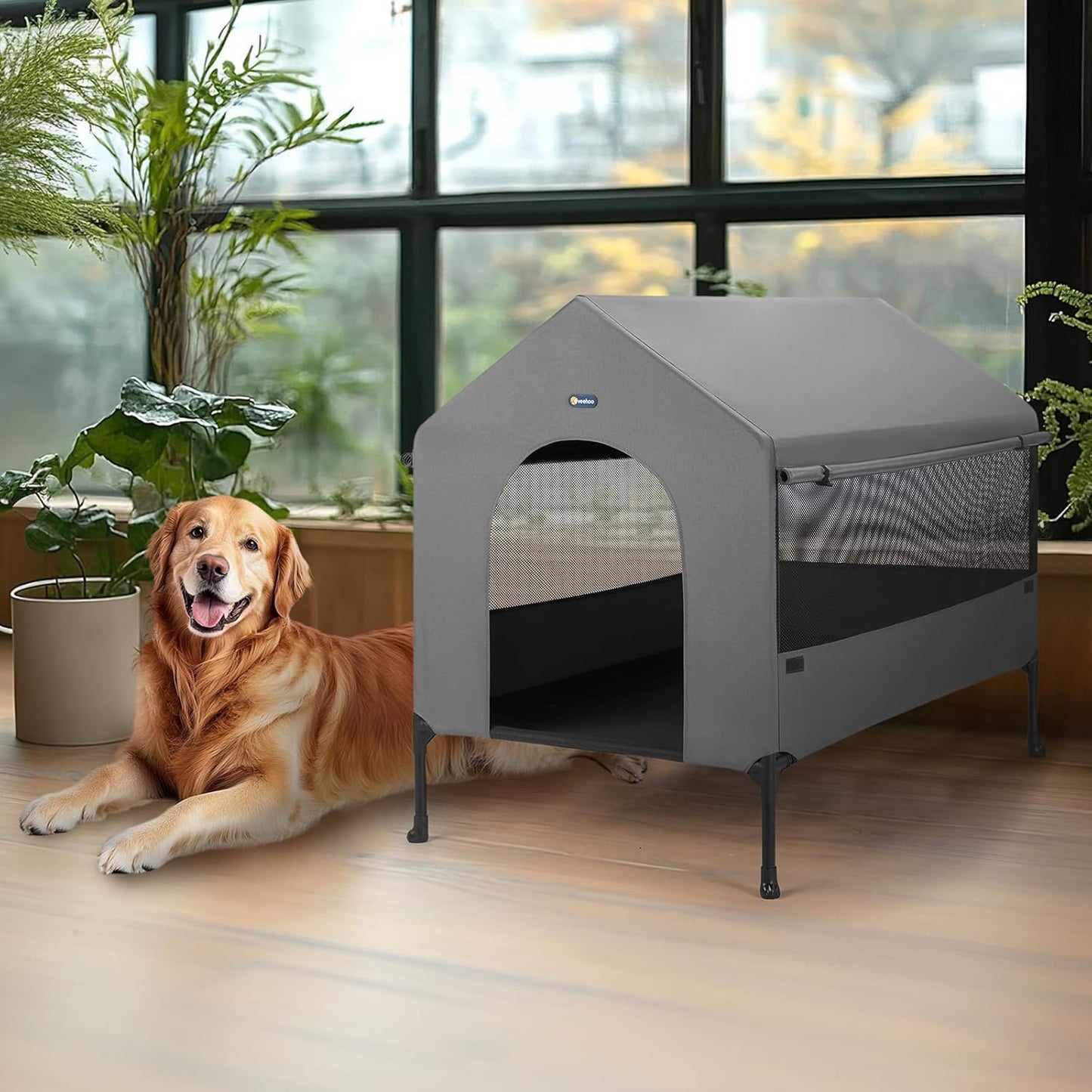 Veehoo 41" Dog House, 2-in-1 Large Dog House Outdoor Indoor Weatherproof, Outside Elevated Dog Cot Bed Dog Tent Shade, Three-Sided Breathable Mesh Windows and Sunshades, CWC2435CP