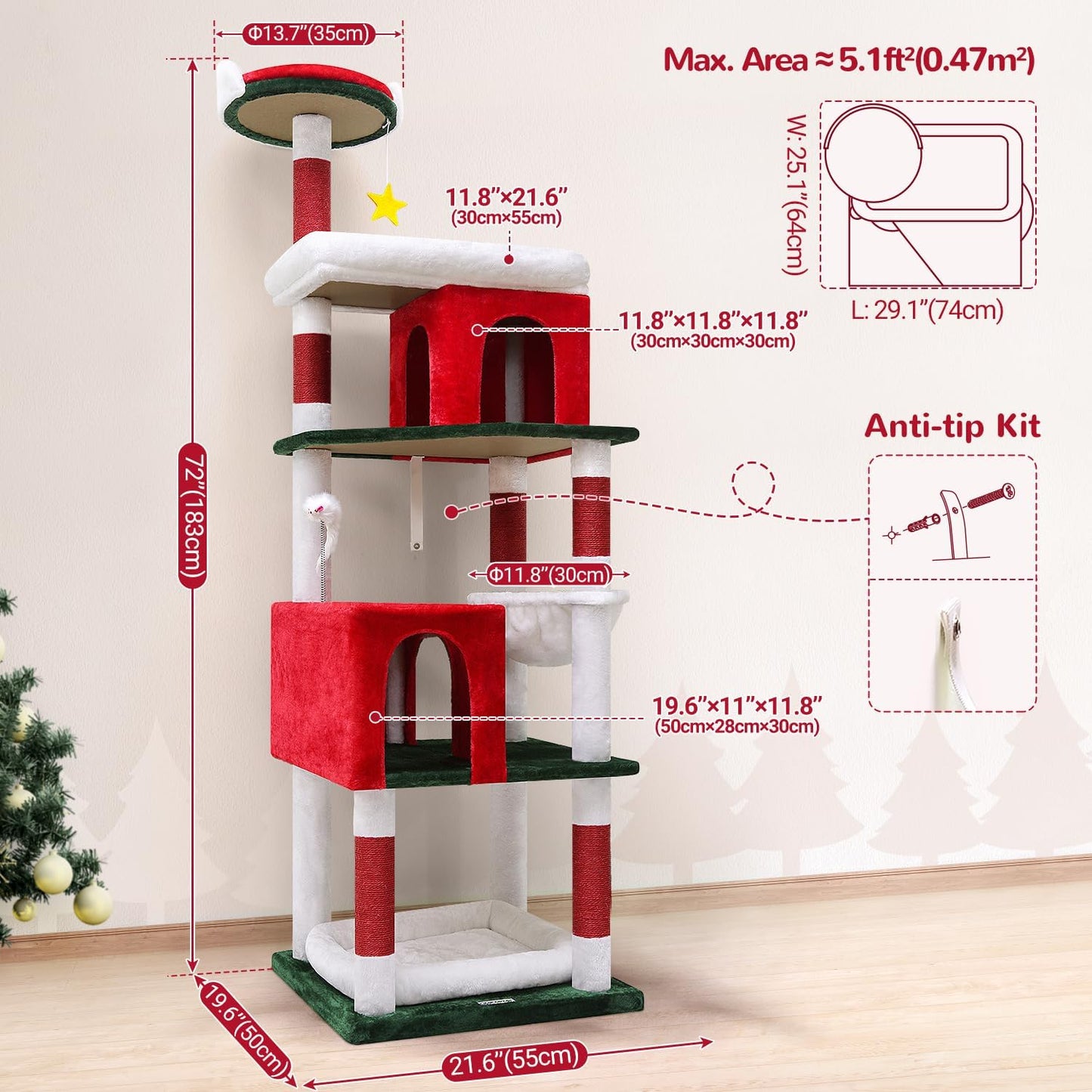 Globlazer Heavy Duty Cat Trees for Large Cats, Sturdy 72in Maine Coon Cat Tree for Large 20 lbs+ Heavy Duty Cat Tower for Adult Biggest Cats with 6 Scratching Posts, Hammock, S72, Red White Green