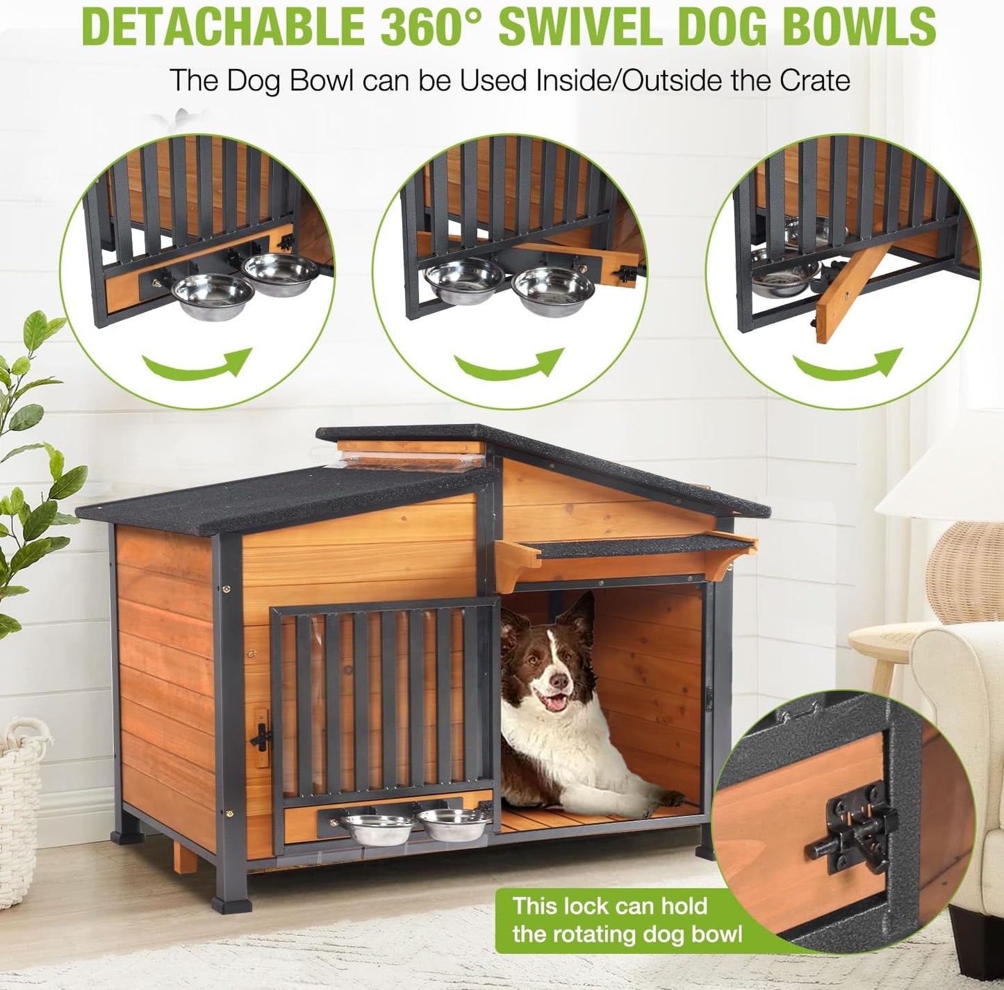 Heated Dog House Outdoor with Bowls Weatherproof Dog Kennel with Heating Pad Anti-Chewing Iron Frame Dog Shelter for Small Medium Dogs(Wooden Brown)