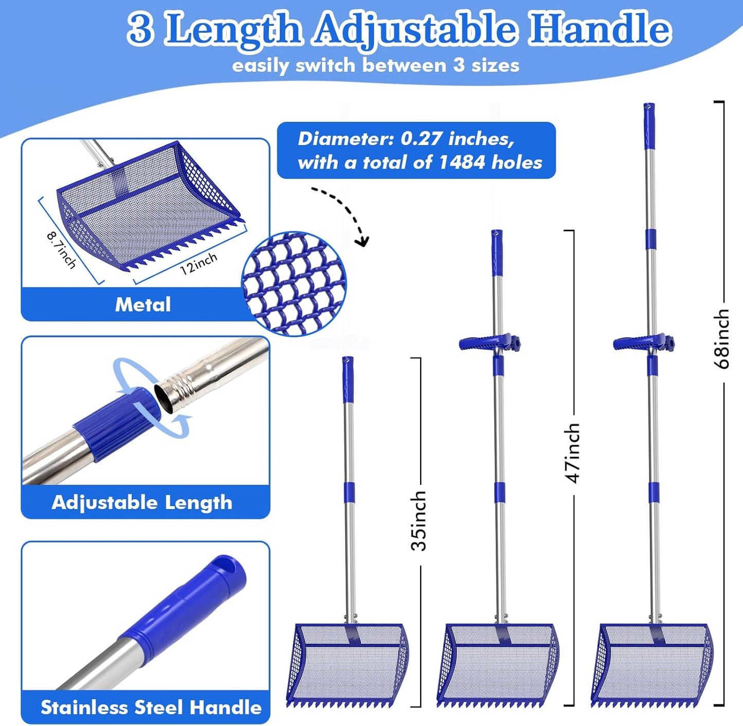 12 Inch Chicken Poop Scooper & Rake 2-in-1, Large Metal Shovel Head, Rubber Handle Stainless Steel Chicken Litter Scoop for Chicken Coops, Litter Screening Scoop (35 to 65in) US Patent Pending (Blue)