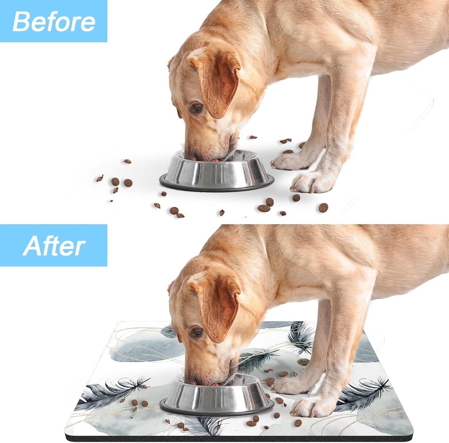 Rnivvi Dog Food Mat, 12" x 19" Absorbent Dog Cat Bowl Mat for Food and Water, Cute Anti-Slip Rubber Pet Feeding Rug Protect Floors, Puppy Placemat for Feeding & Watering Supplies, Abstract Plume