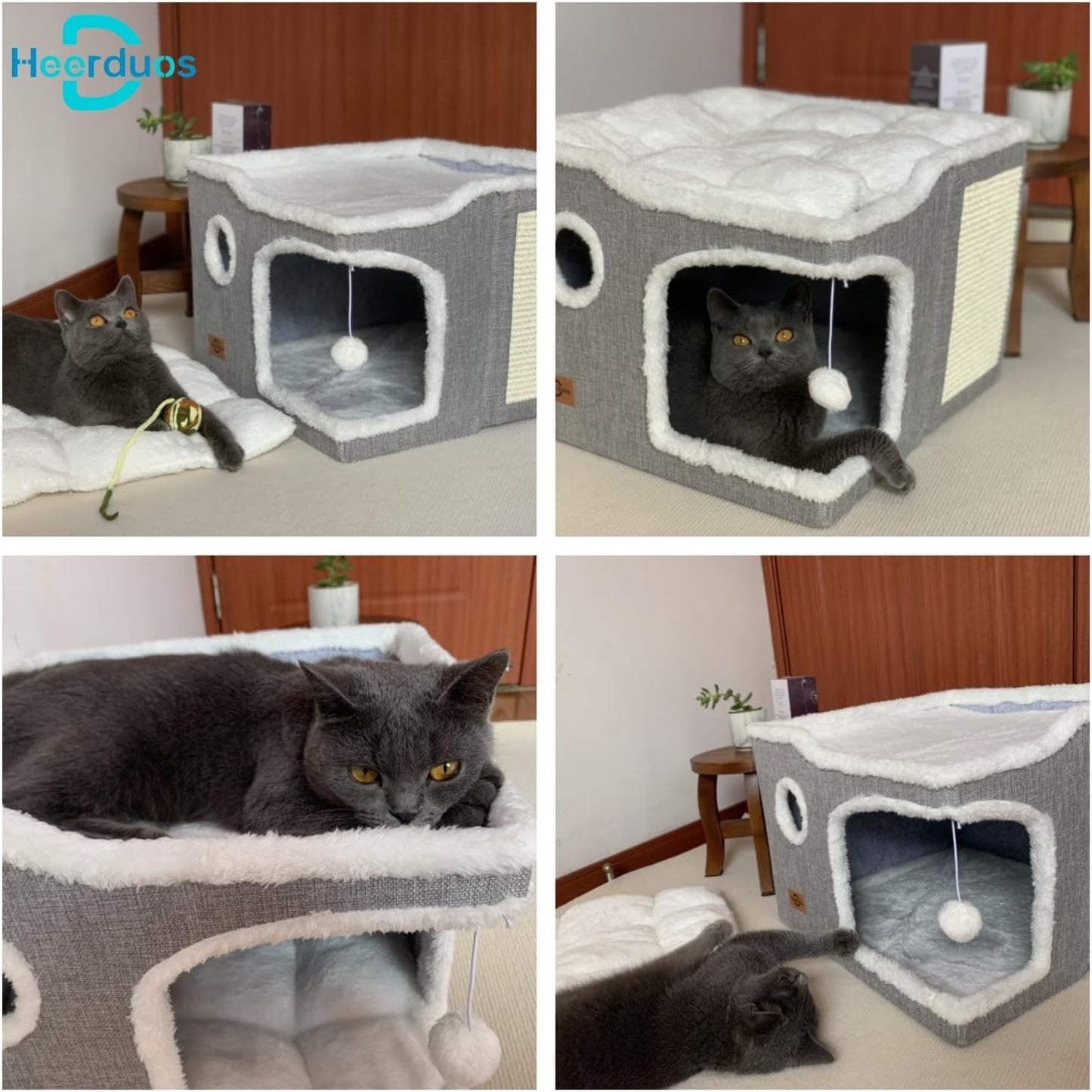 Cat Bed for Indoor Cats,Covered Cat Cave House & Furniture with Scratch Pad,Foldable Cat Hideaway Hut Cute Cat Condo with Soft Washable Mat for Multi Small Pet Under 30 lbs, Pink