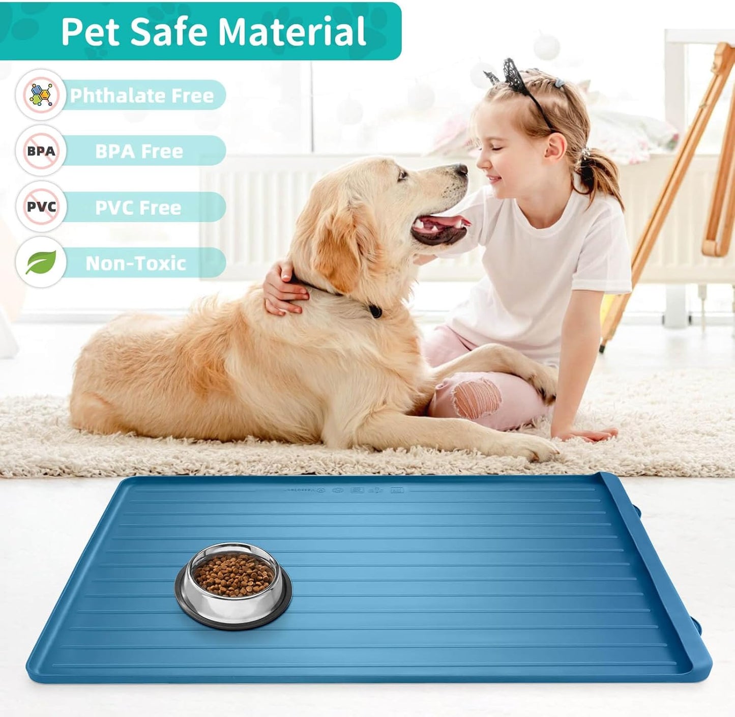 Dog Mat for Food and Water - 39.4" x 27" Large Pet Feeding Mats with Residue Collection Pocket - Waterproof Dog Cat Bowl Mat with High Edges to Prevent Water and Food Spills (Navy)