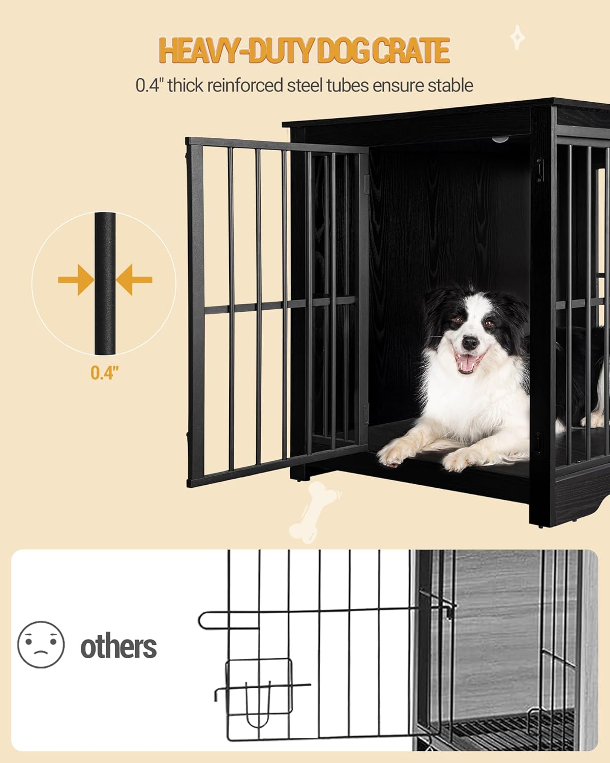 XL Large Dog Crate Furniture, 44.1" Indoor Dog Kennel Furniture with Barn Door, Wooden Tall Dog Crate, Heavy Duty Dog Cage for Large Dogs, Side End Table, Anti-Chew, Black DFC80104B