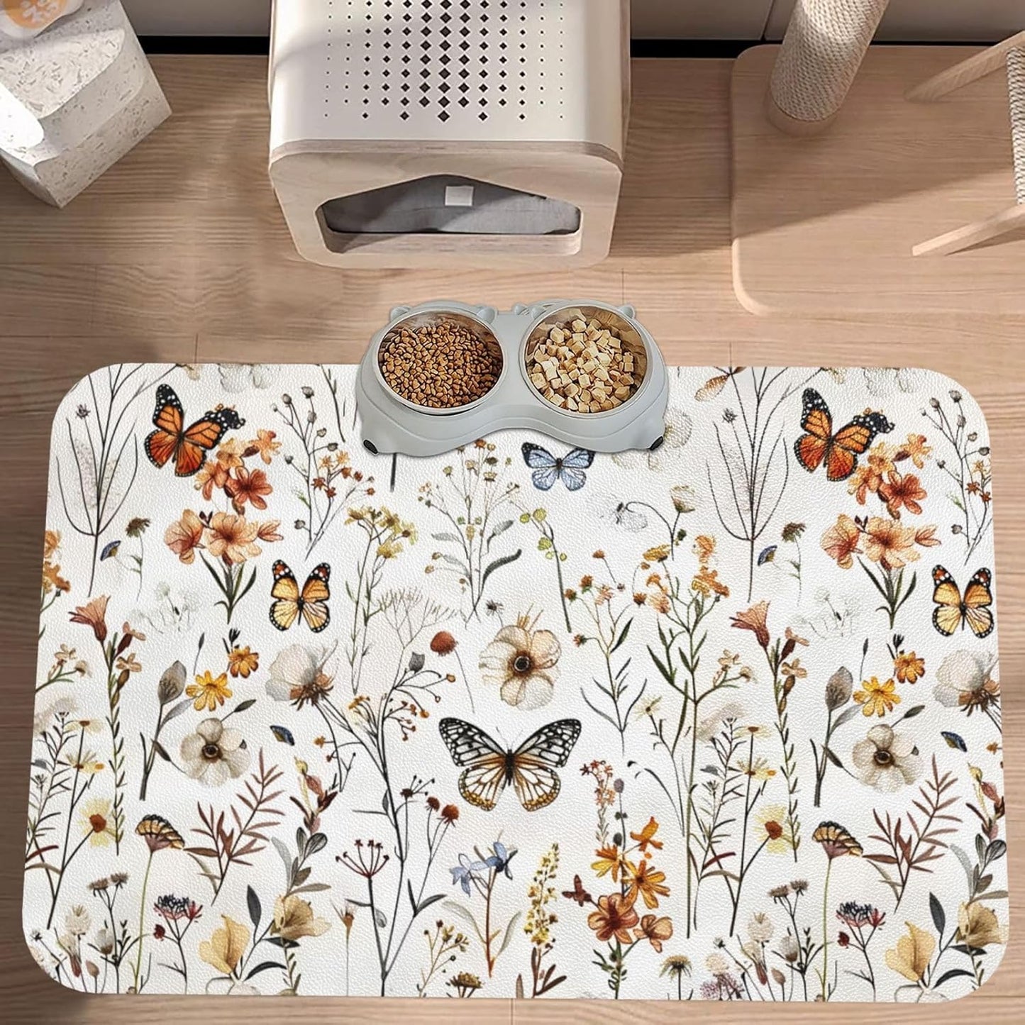 Wildflower Butterfly Dog Food Mat Absorbent Bowl Mats No Stains Quick Dry Waterproof Pet Cat Placemats for Food and Water, 30x45cm