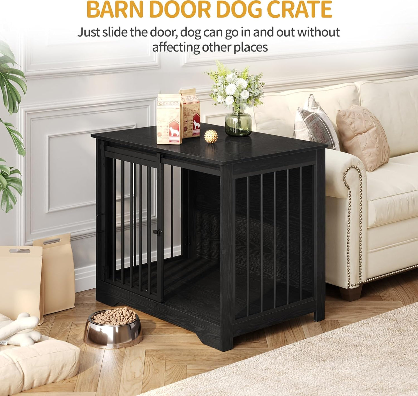 31.9" Dog Crate Furniture with Barn Door, Heavy Duty Dog Kennel Indoor with 2 Doors, Wooden Pet Cage End Table for Small Medium Dogs up to 44 lb, Anti-Chew Anti-Escape, Black DFC83604B