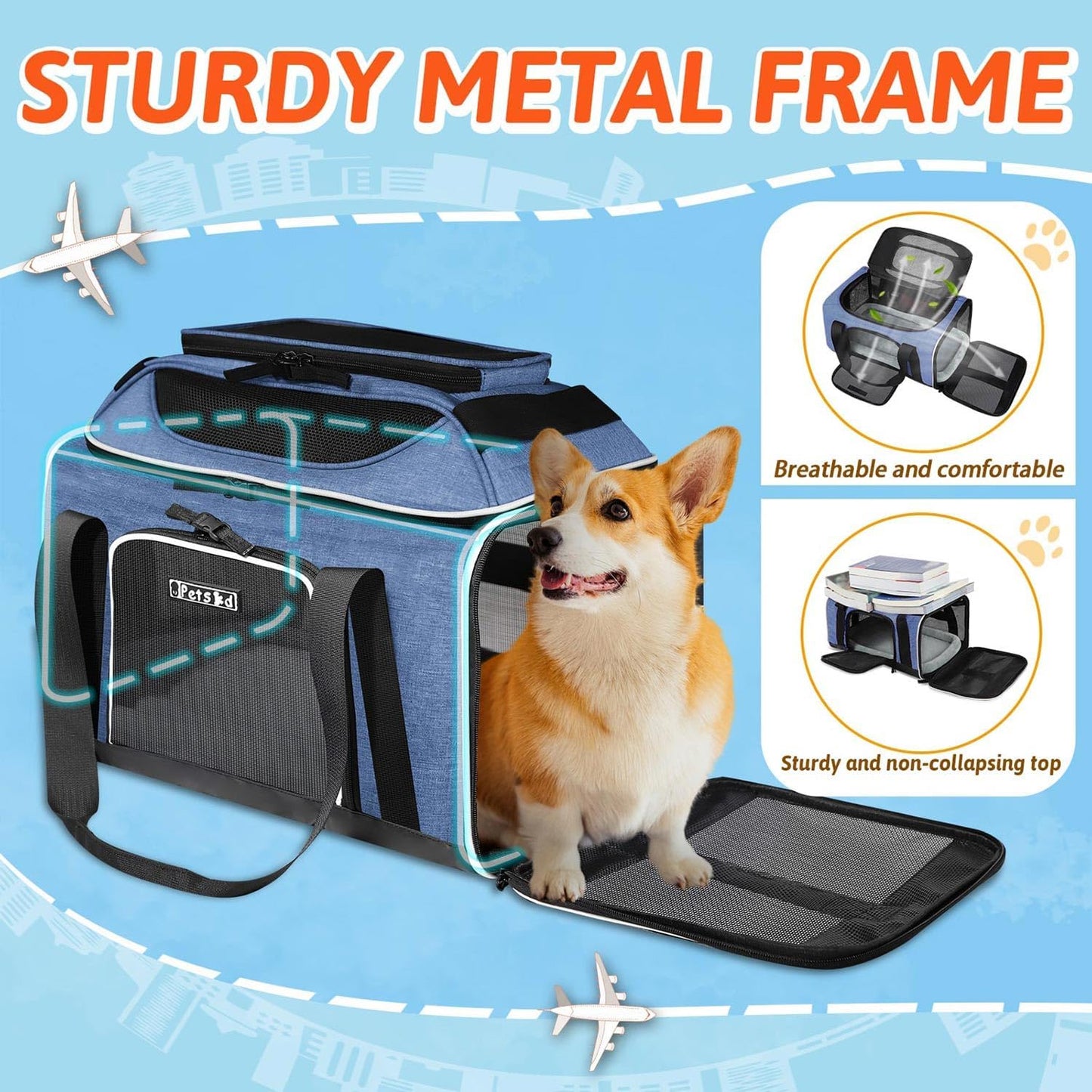 Petskd Top-Expandable Pet Carrier 18x13x9.5 Inches Southwest Airline Approved, Soft-Sided Carrier for Small Cats and Dogs with Locking Safety Zippers and Anti-Scratch Mesh(Blue)