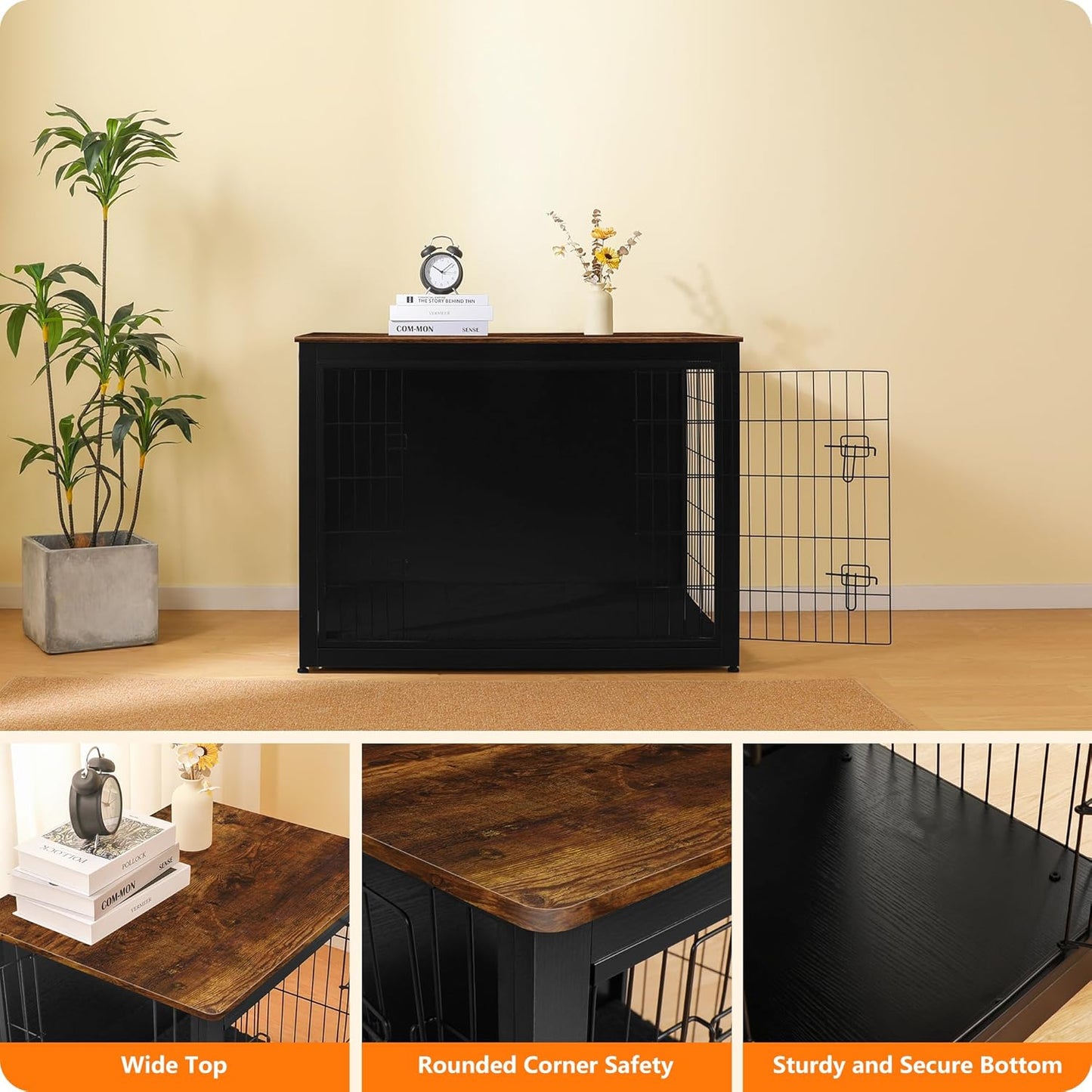 DWANTON Dog Crate Furniture with Cushion, Wooden Kennel Table with Double Doors, Indoor Dog House, Extra Large Size, 43.3" L, Black+Rustic Brown