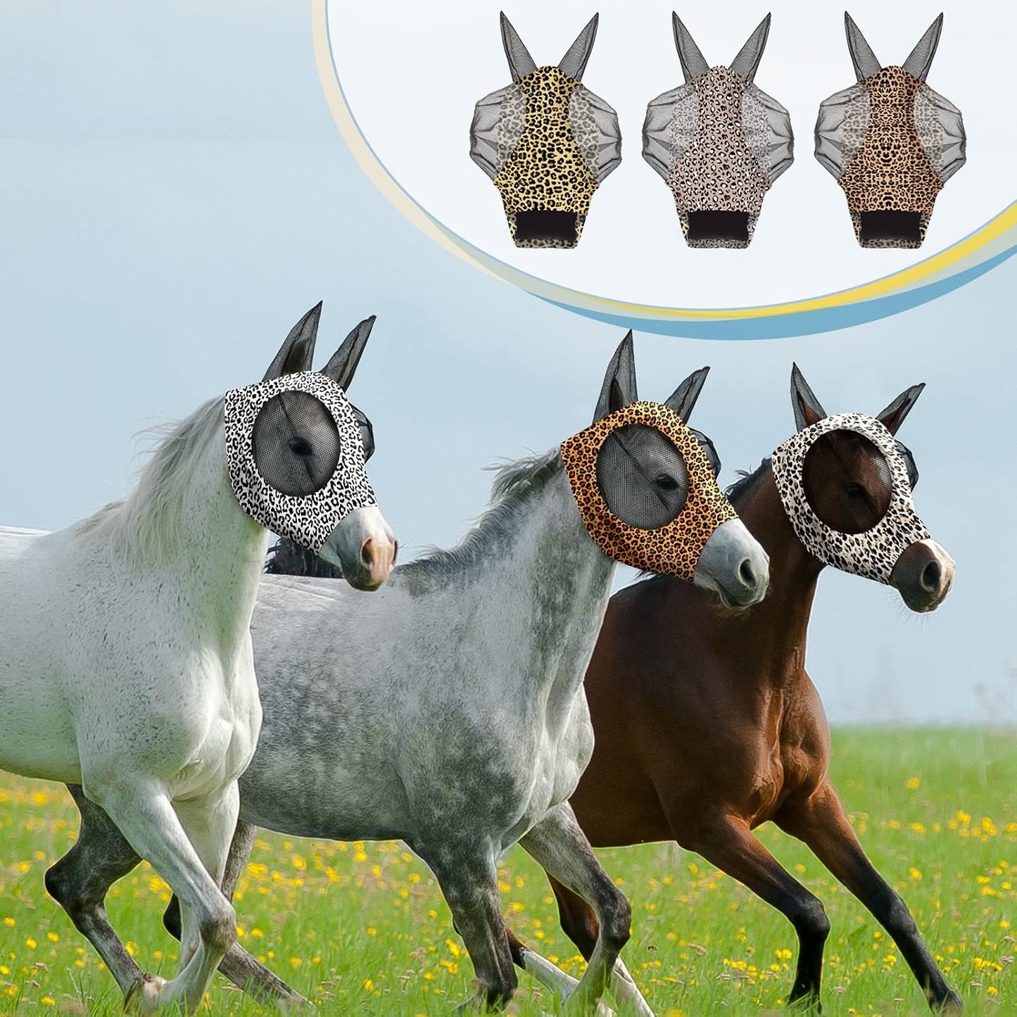 Chunful 6 Pcs Horse Fly Masks with Ears Smooth and Comfortable Cashel Mesh Fly Mask Elasticity Breathability UV Protection Horse Face Covering for Riding Supplies(Leopard,Medium)