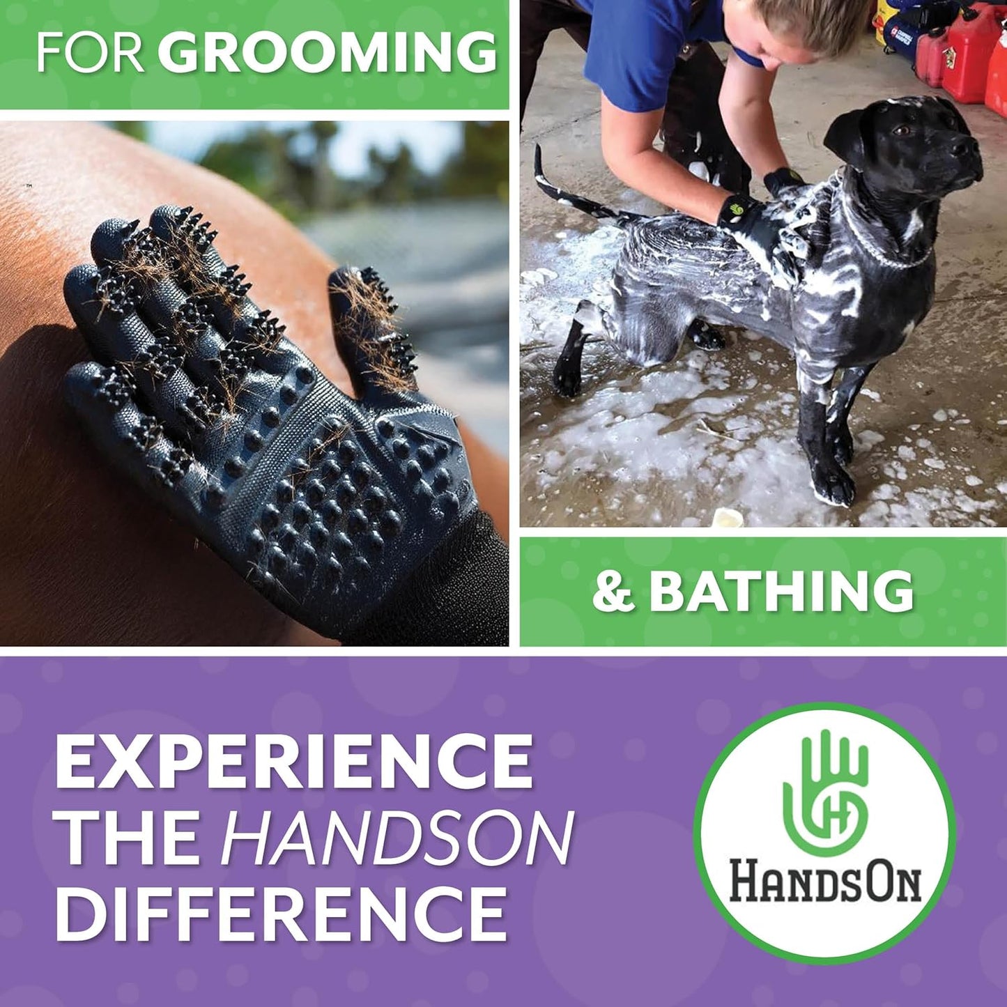 H HandsOn Pet Grooming Gloves - Patented #1 Ranked, Award Winning Shedding, Bathing, & Hair Remover Gloves - Gentle Brush for Cats, Dogs, and Horses (Black, X-Large)