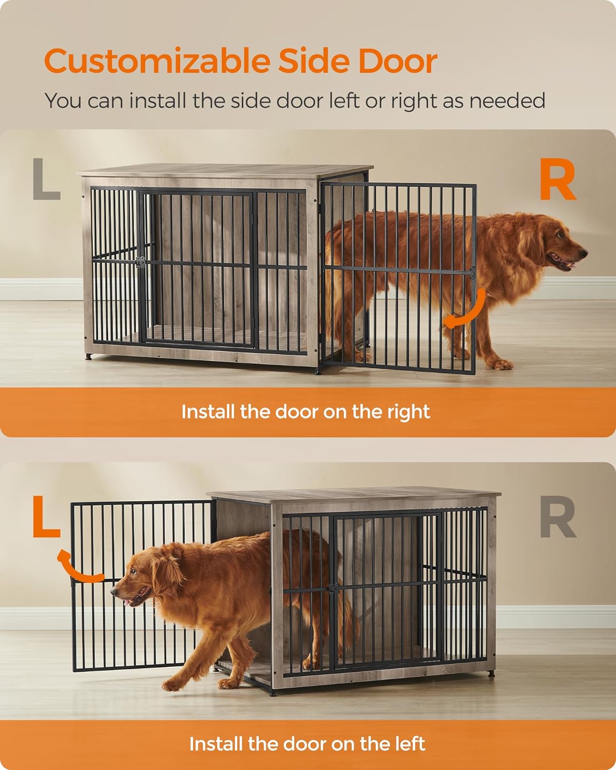 Feandrea Dog Crate Furniture, 43.3" Side End Table, Modern Kennel for Dogs Indoor up to 80 lb, Heavy-Duty Dog Cage with Enclosed Base, Double-Door Dog House, Greige UPFC024G01