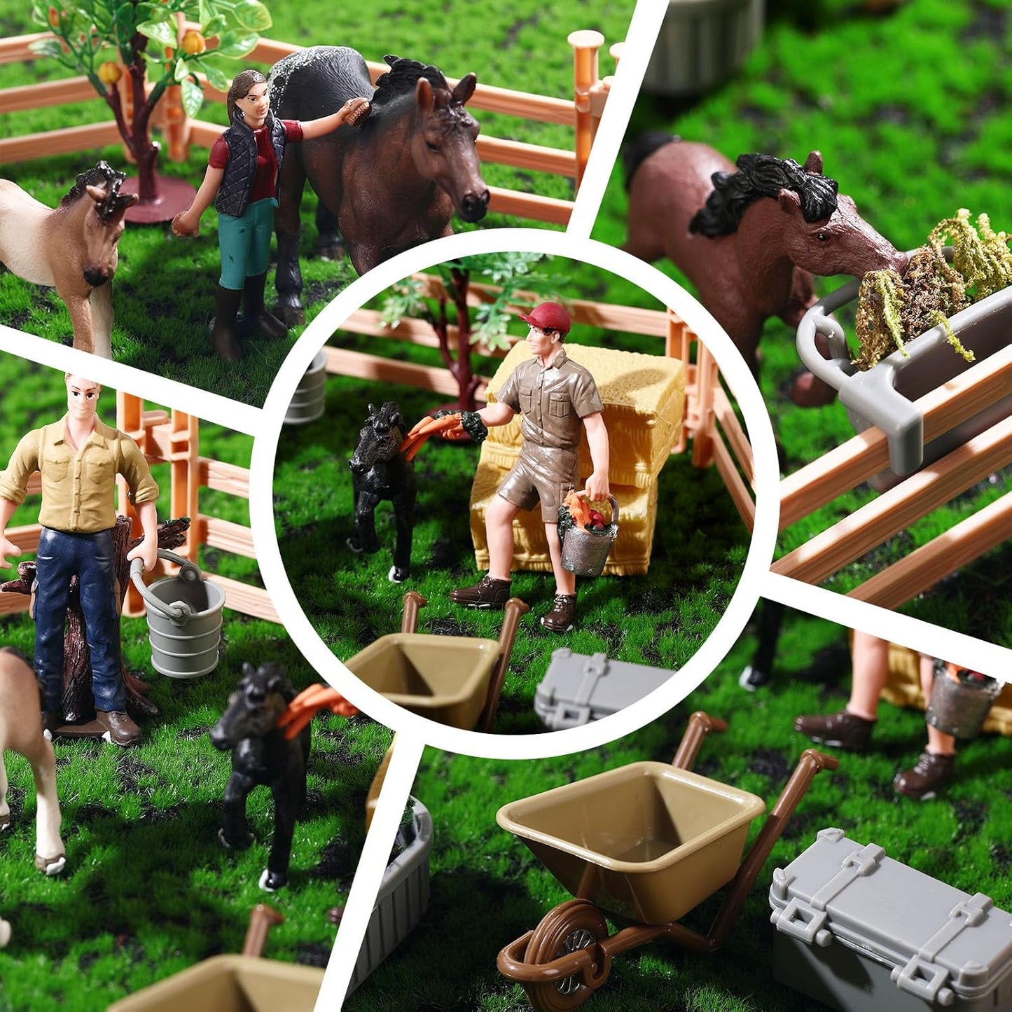 27 Pcs Horse Ranch Playset, 5 Horse Figurines 3 People Figurines 8 Fence 3 Model Trees 1 Moss Mat for Diorama Project Educational Gift Cake Topper
