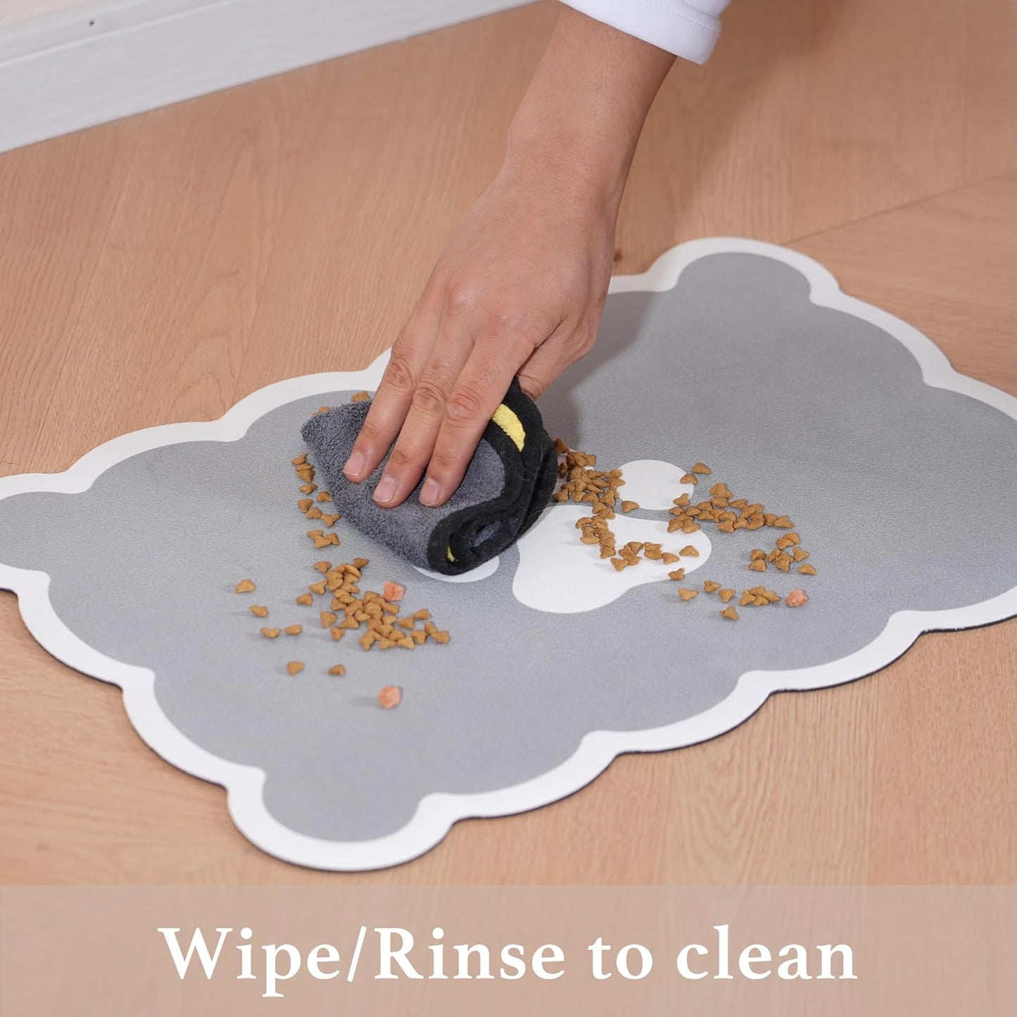 Ralxion Scalloped Dog Feeding Mat, Absorbent Mats for Dog Food and Water Bowl, Dispenser, Cute Elegant Aesthetic Preppy Grey Scallop Pet Placemat for Dogs, Cats, Puppy Accessories, 14" X 19”