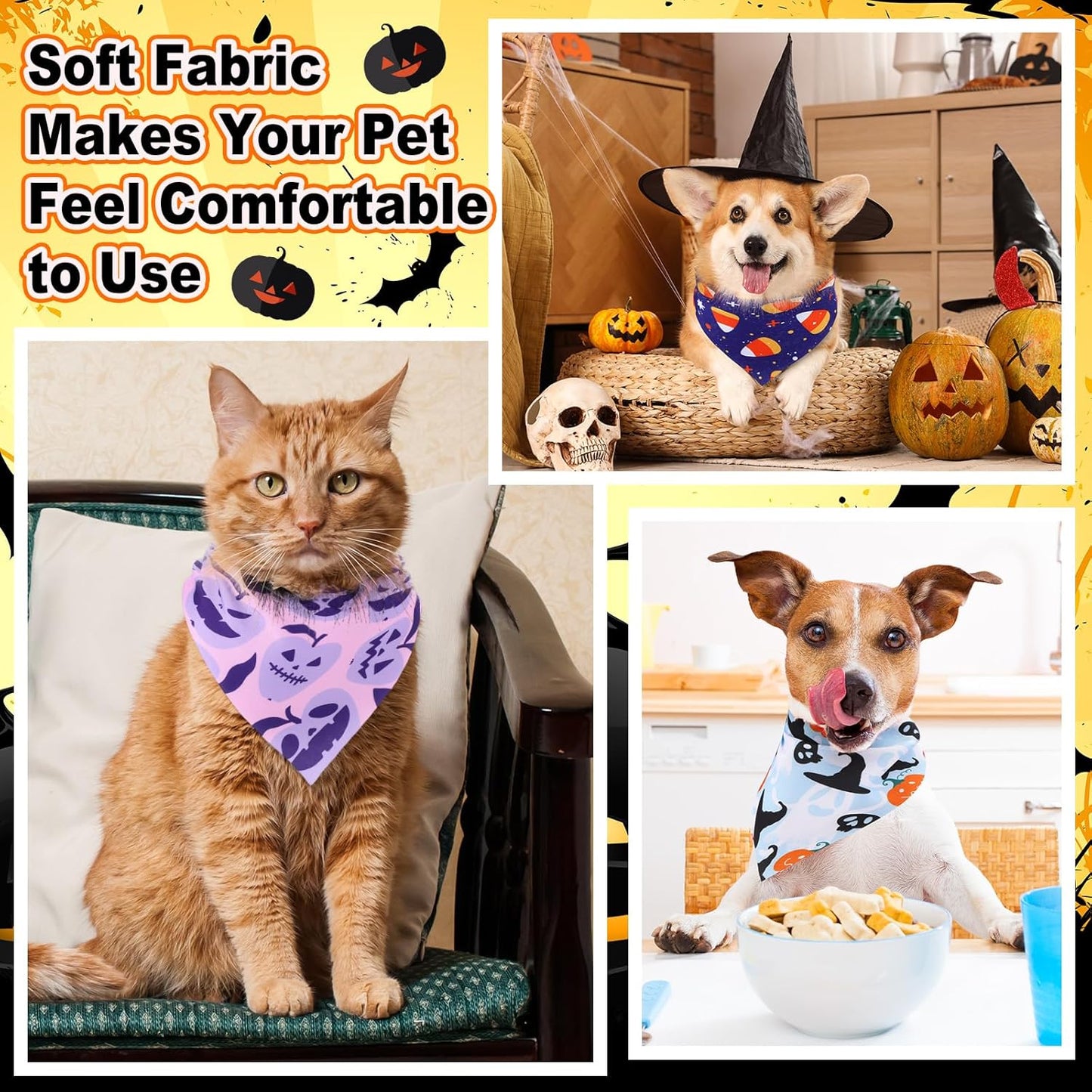 Reginary 72 Packs Halloween Dog Bandanas Bulk Pumpkin Ghost Pet Bandanas Triangle Scarf Bibs Adjustable Dogs Bandana for Halloween Thanksgiving