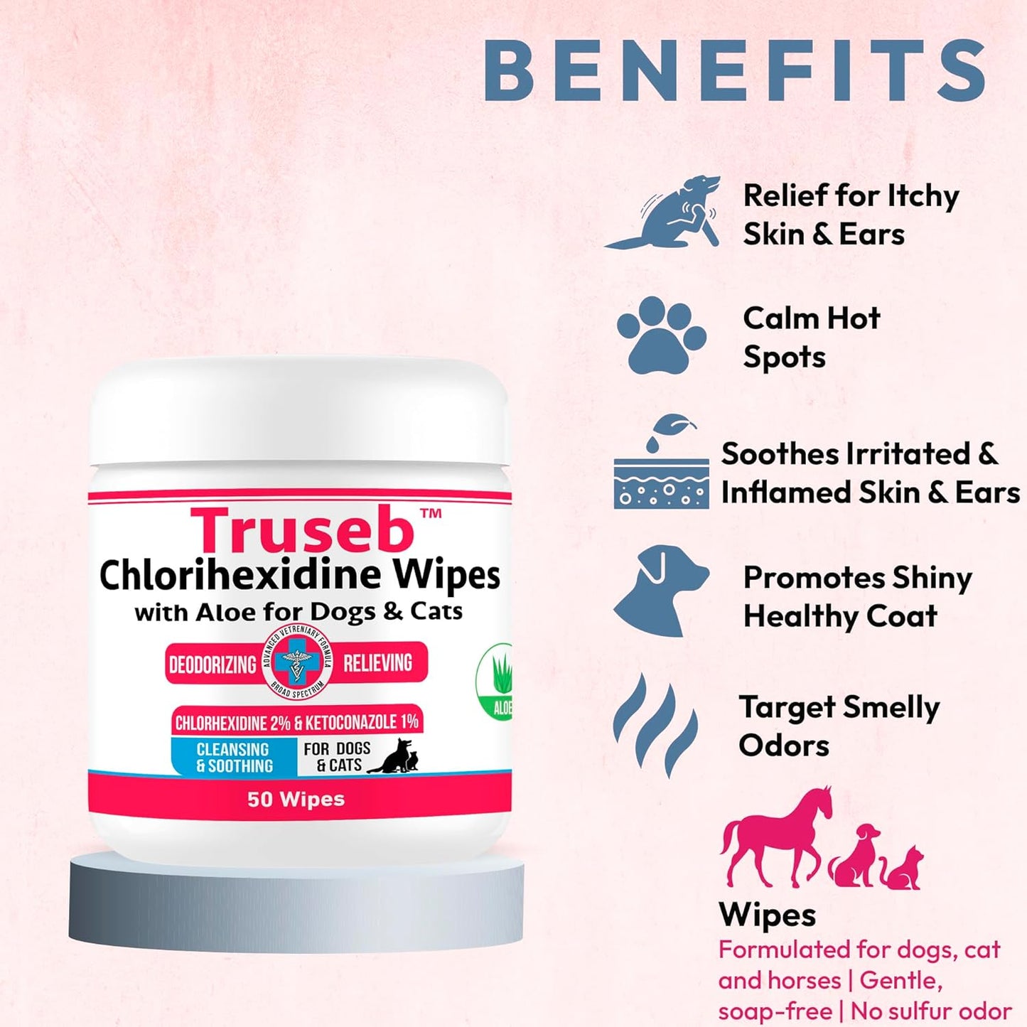 Truseb Topical for Dogs, Cats and Horses - with Aloe for Cleansing (Ketoconazole & Chlorhexidine Wipes, 100 Count)