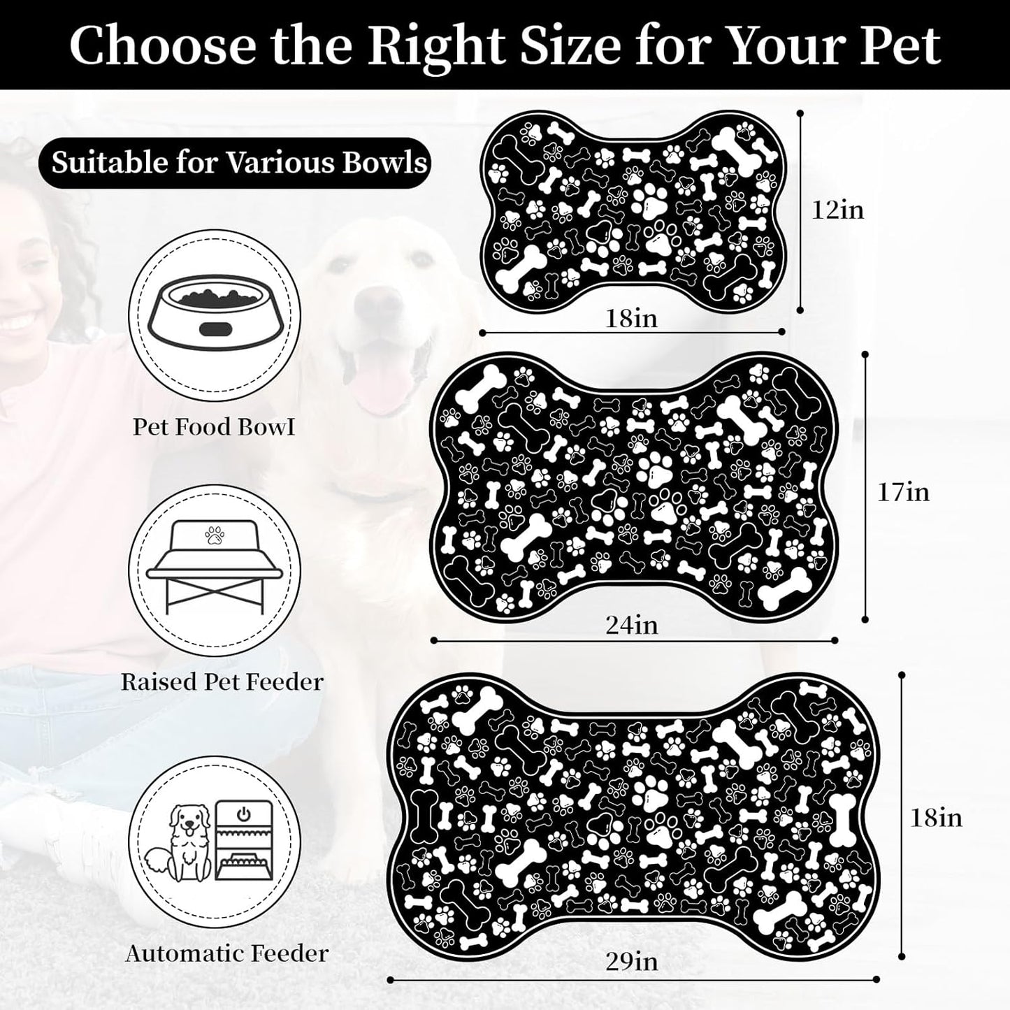 Dog & Cat Food Mat Bone Shaped Pet Feeding Mat Quick Absorb Water Bowl Placemat with Rubber Backing Indoor Floor Stain Resistant Pet Accessory Supplies (Black, 16x24 Inches)