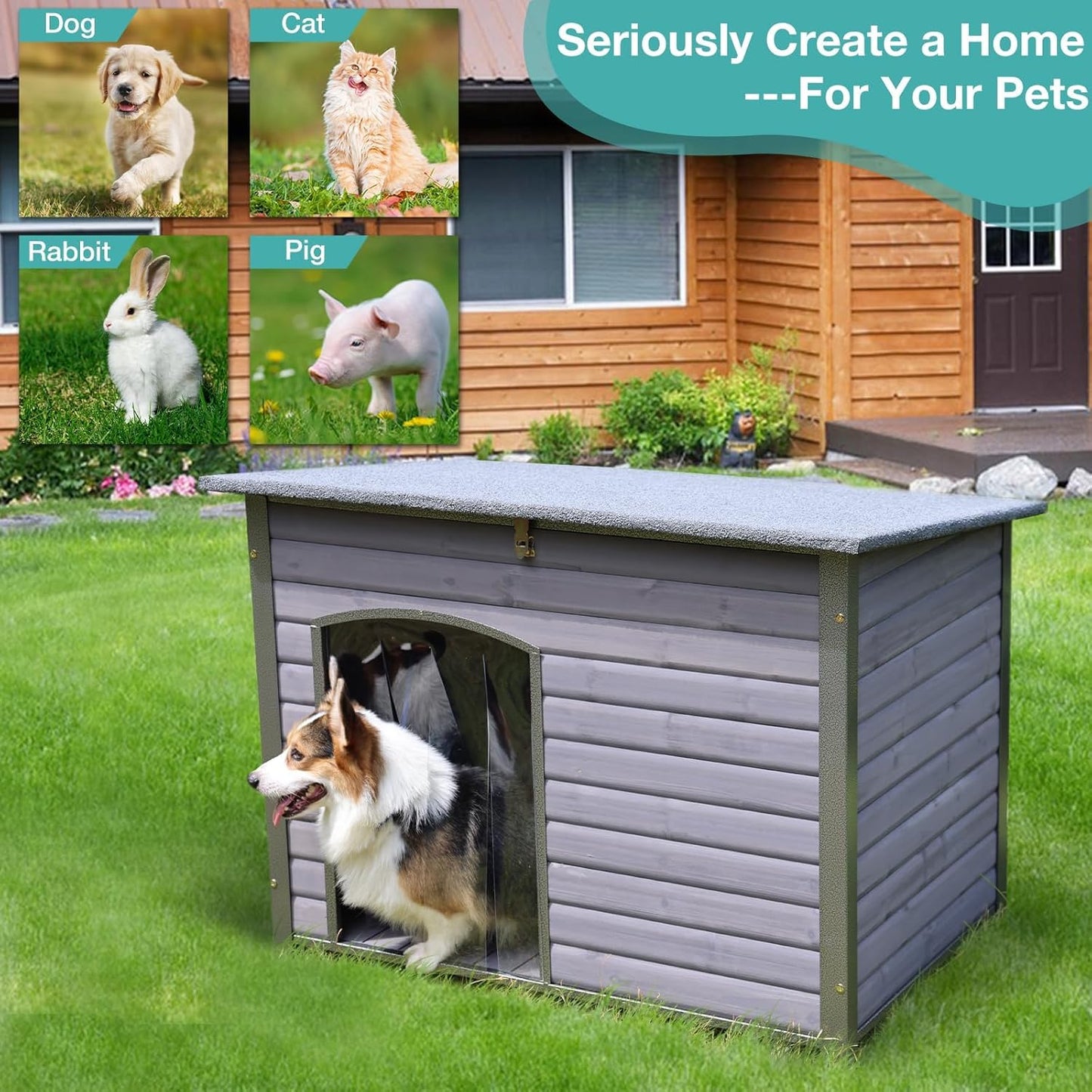 Indoor Outdoor Dog House,Anti-Chewing Iron Frame Dog Kennel,Wood Warm Pets Home,Weatherproof Outside Shelter