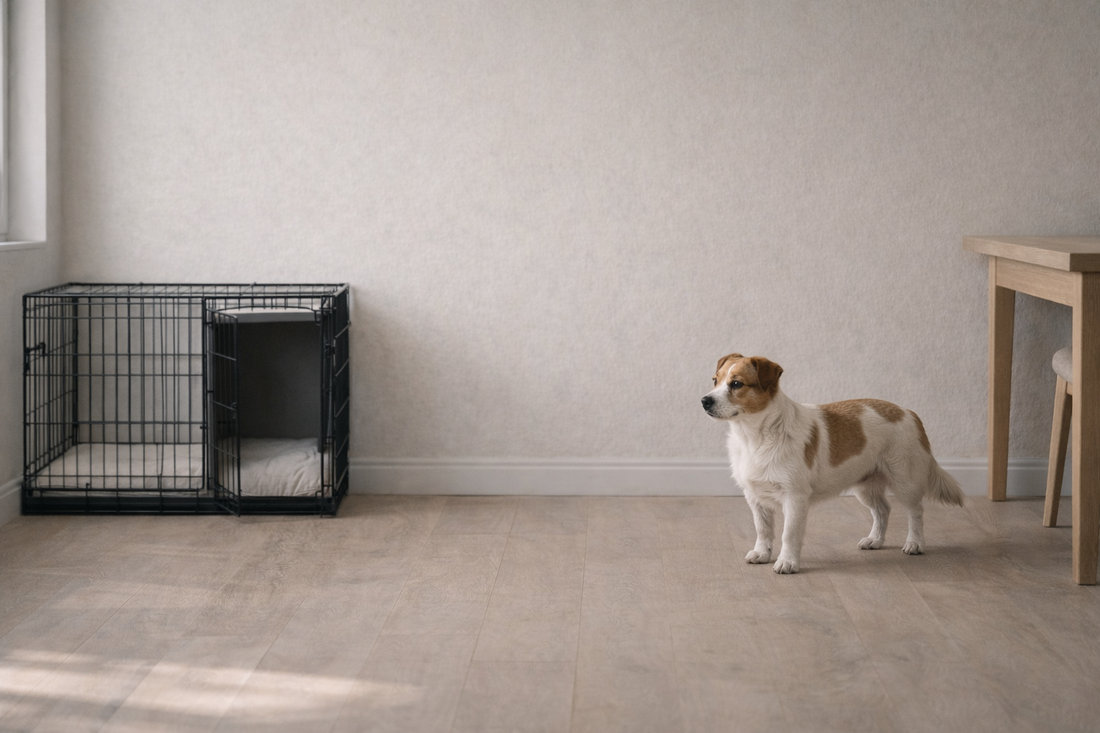 Dog avoids crate at home