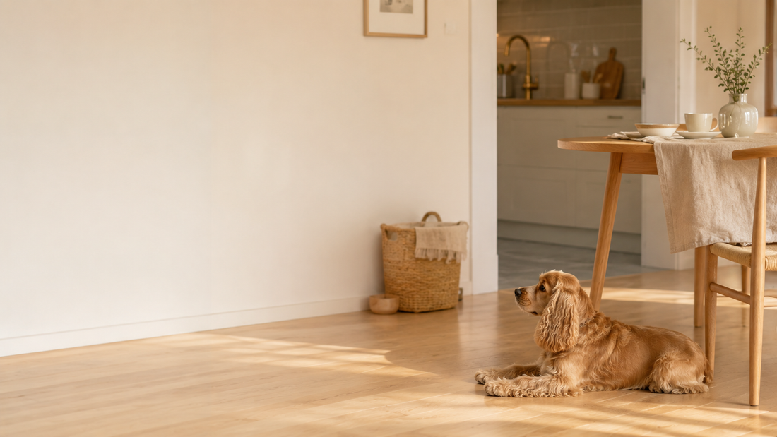 Golden Cocker Spaniel resting calmly near a breakfast nook before mealtime in a soft neutral kitchen space