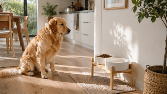 Golden retriever calmly waiting near elevated ceramic dog bowls in a predictable feeding area