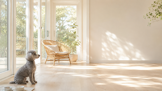 Silver gray poodle sitting calmly near a sunlit indoor feeding corner with a relaxed daily routine atmosphere
