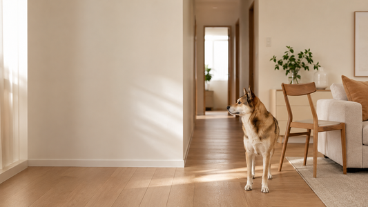 Alert dog quietly watching a hallway after a small indoor environmental change in a calm home setting