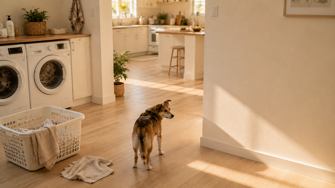 Dog pausing near a laundry area while monitoring small indoor environmental changes in a calm clean home