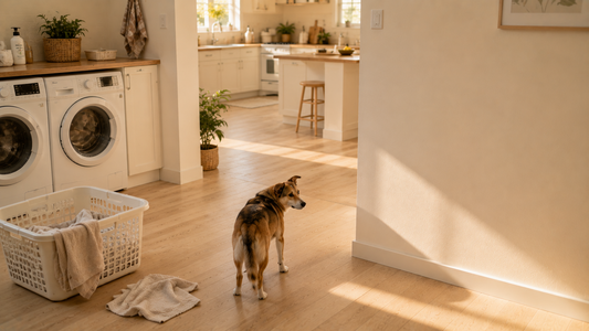 Dog pausing near a laundry area while monitoring small indoor environmental changes in a calm clean home