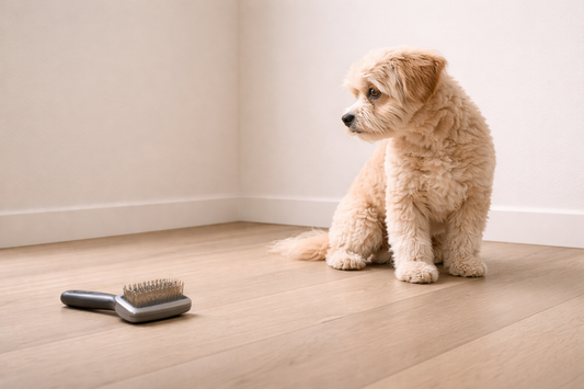 Small dog sitting in a minimal indoor space, looking away from a grooming brush on the floor, showing hesitation before grooming begins.
