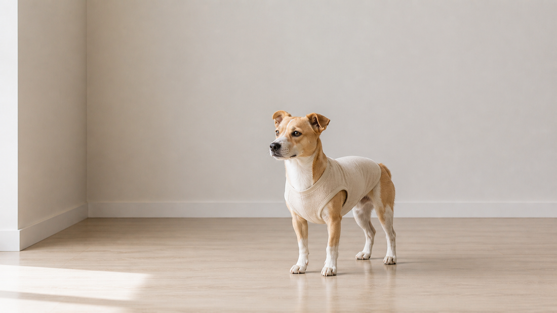 Small dog in lightweight everyday wear standing calmly in a minimal indoor space, showing awareness without exploring due to a fully familiar environment.