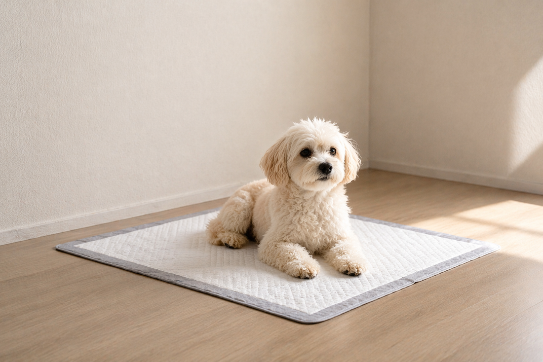 Small dog calmly resting on a hygiene pad in a minimal indoor space, showing stable behavior through consistent routine.