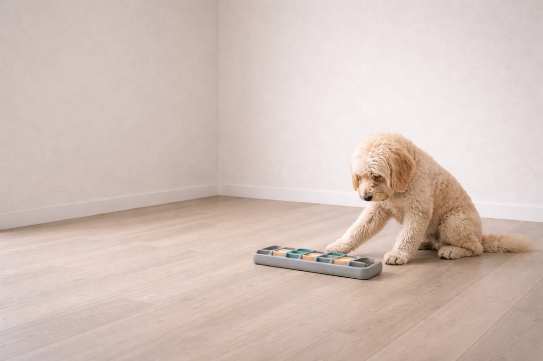 Dog calmly engaging with a rectangular interactive toy in a minimal space, showing stable behavior through structured routine