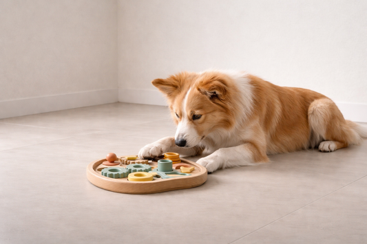 Dog calmer in predictable routines while engaging with an interactive toy in a minimal environment