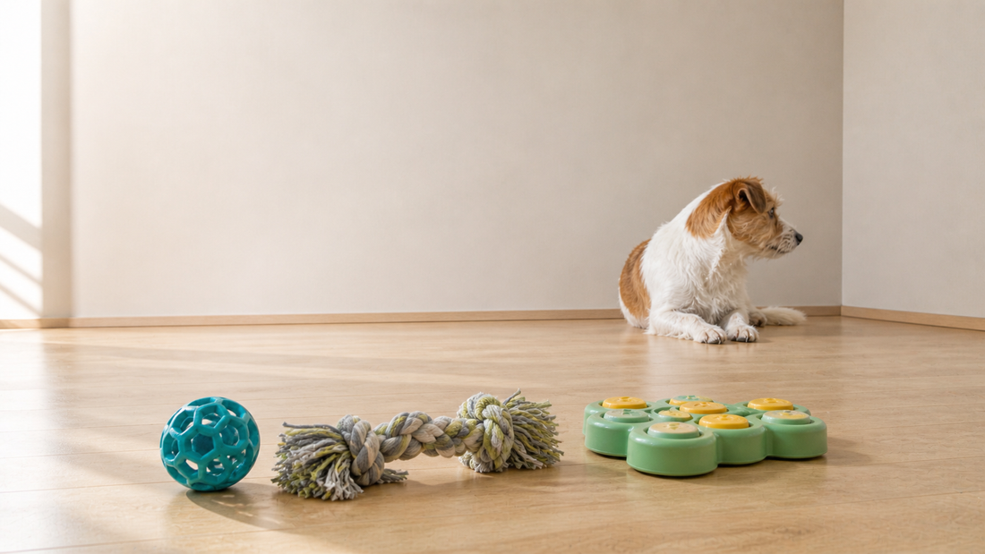 Small terrier mix dog sitting away from colorful interactive toys on a minimal indoor floor, clearly ignoring them despite their presence.