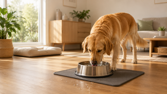 Golden Retriever drinking water calmly in a bright and organized indoor feeding area with a stable home environment