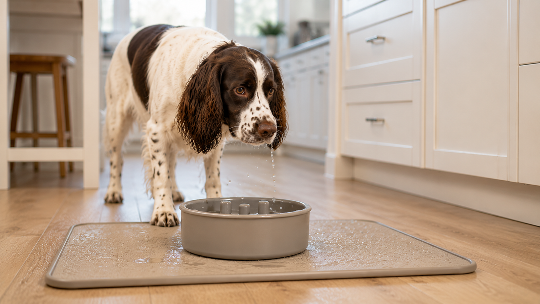 English springer spaniel lifting its head after drinking water beside a slow drinking bowl in a modern kitchen