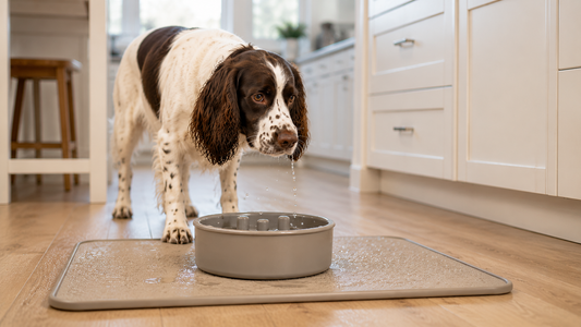 English springer spaniel lifting its head after drinking water beside a slow drinking bowl in a modern kitchen