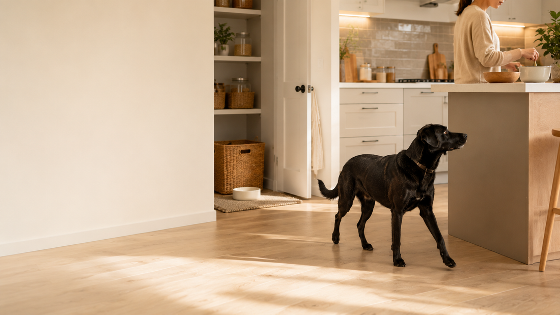 Black Labrador mix walking near a kitchen island while anticipating mealtime in a calm indoor feeding routine
