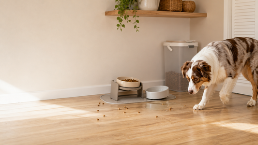 Australian Shepherd walking near scattered kibble and a feeding station in a calm indoor feeding routine