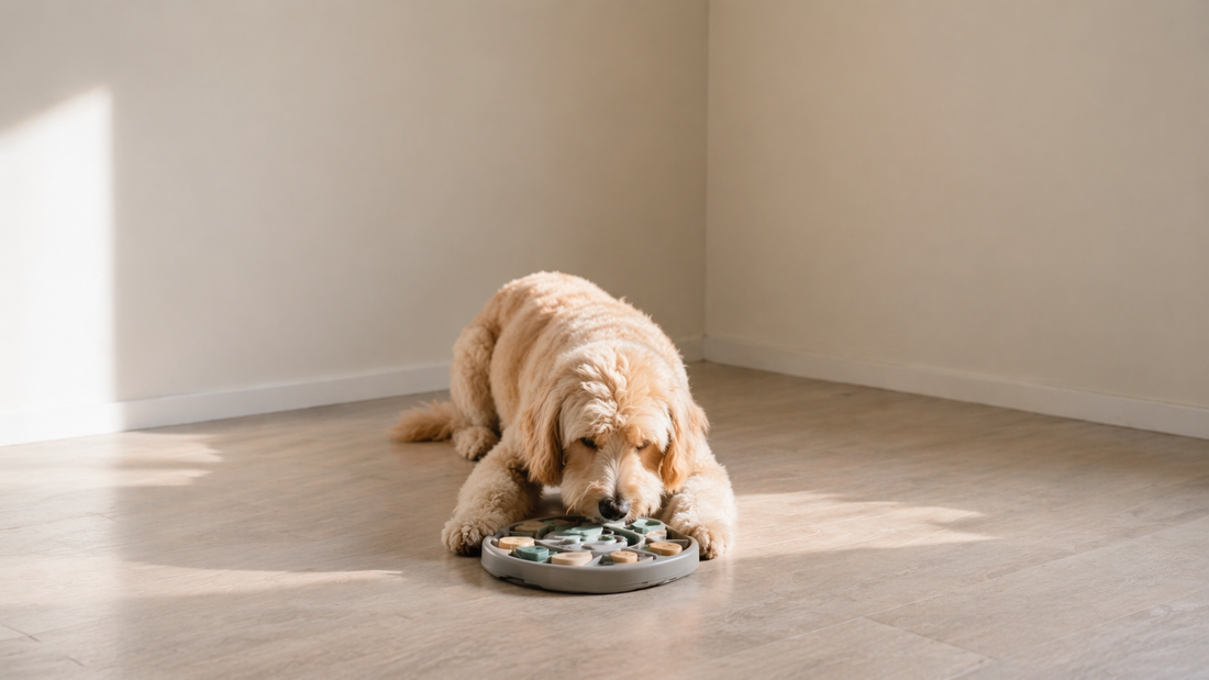 Dog calmly engaging with an interactive puzzle toy in a minimal indoor space, showing focused play and controlled stimulation.