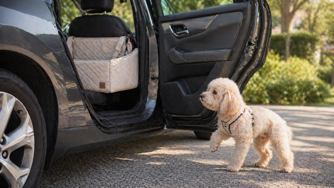 Small cream poodle pausing outside an open car door, looking toward a dog car seat inside, showing hesitation before entering during travel preparation.