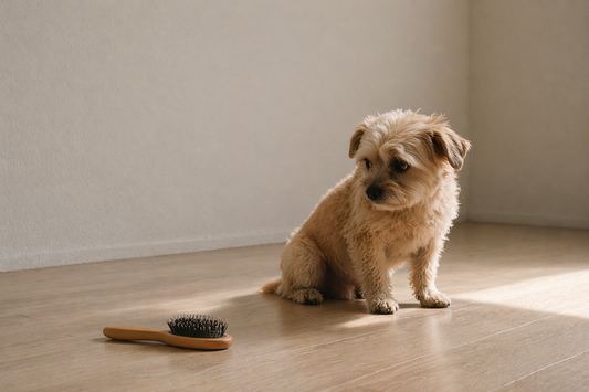 Small dog sitting cautiously in a minimal indoor space, looking away from a grooming brush, showing hesitation before grooming begins.