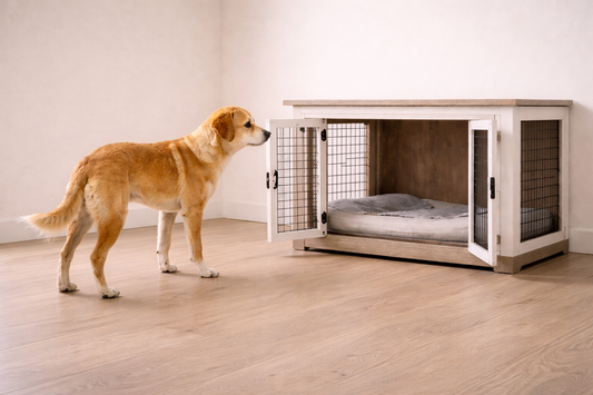 Small-to-medium dog pausing near an open, spacious furniture-style crate in a minimal indoor corner, showing hesitation before entering during the day.