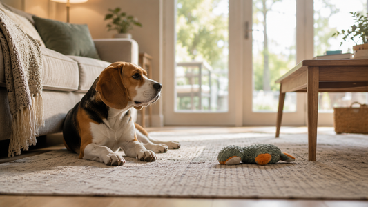 Beagle lying beside a toy in a modern living room after losing interest in play